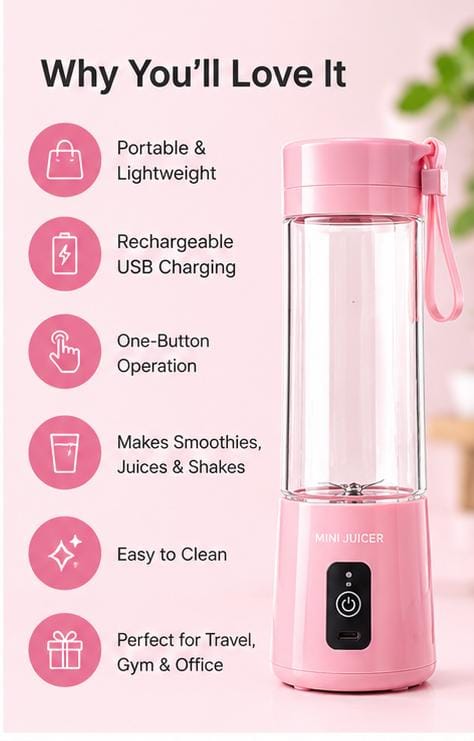 Portable Mini Juicer – Rechargeable USB Blender for Fresh Smoothies & Juices